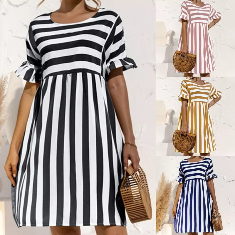 Summer New Fashion O Neck Women's Dress Casual Loose Solid Short Sleeve Ruffle Patchwork Pocket Ladies Stripe Dress