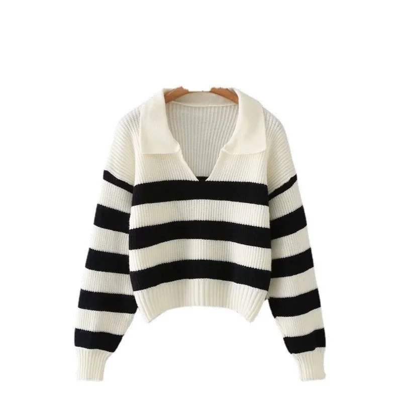 

female 2022 fashion striped polo collar loose knit sweater retro long sleeve pullover streetwear