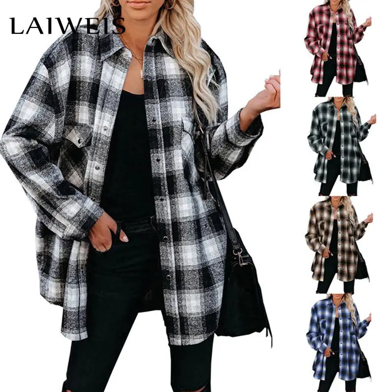 

LAIWEIS 2022 New European and American women clothing autumn and winter new plaid shirts mid-length loose lapel cardigan shirts