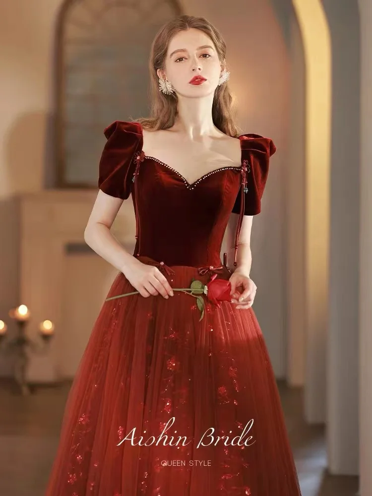 

Burgundy Evening Dress For Women Elegant Retro Velvet Sweetheart Collar Puff Sleeve A-line Toasting Prom Gowns Vestido De Festa