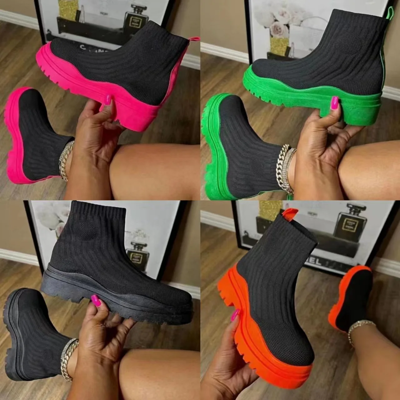 

Couple Socks Boots 2022 Spring Autumn New Thick-Soled Casual Fashion Knit Short Ankle Boots Plus Size 43 Women's Platform Shoes