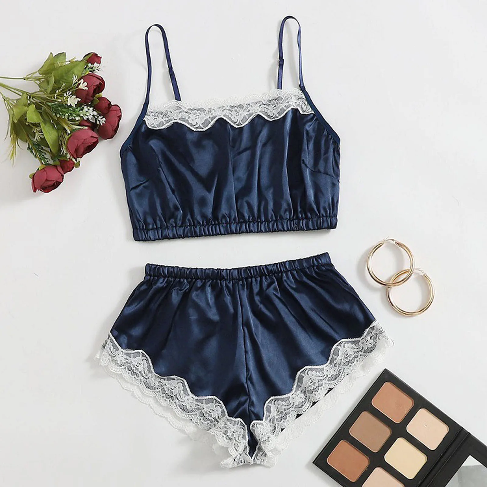 

Womens Outfits Lace Camisole Bra Shorts Two Piece Pajamas Sexy Sleepwear Underwear Panties Suits Lingerie Satin Slip Dress