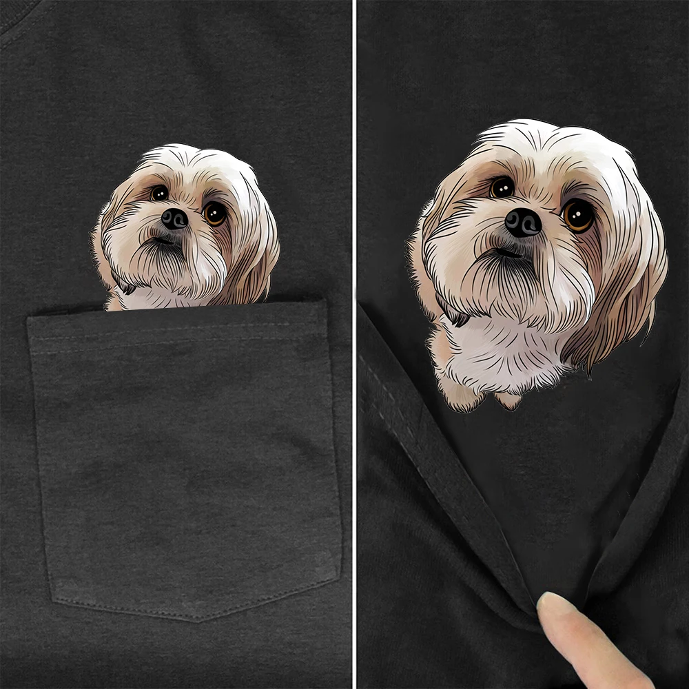 

CLOOCL Black Cotton T-shirts Fashion Brand Shih Tzu Art Printed Pocket Tops Hip Hop Tees Short Sleeve Woman Tshirts