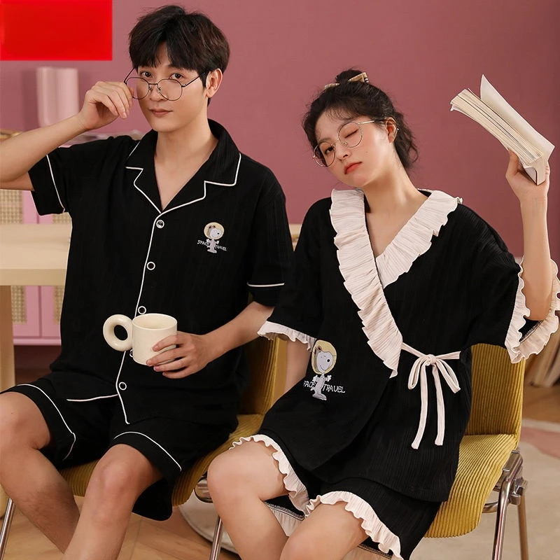 

Short Sleeve Sleepwear Couple Men Women Matching Home Set Cotton Pjs Cartoon Prints Leisure Nightwear Pajamas for Summer C229