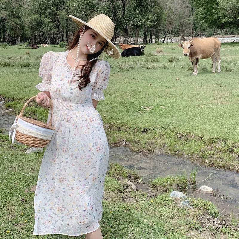 

2023 New Women's Summer Dress Chiffon Elegant Floral Print Vintage Long Dress Sexy High Waist Summer Dresses for Women Vestidos