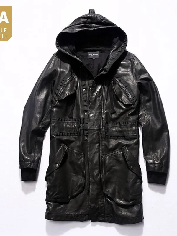 

Retro Sheepskin 100% Genuine Men Leather Medium Long Jacket Luxury Runway Hooded Windbreaker Streetwear Pocket Washed Black Coat