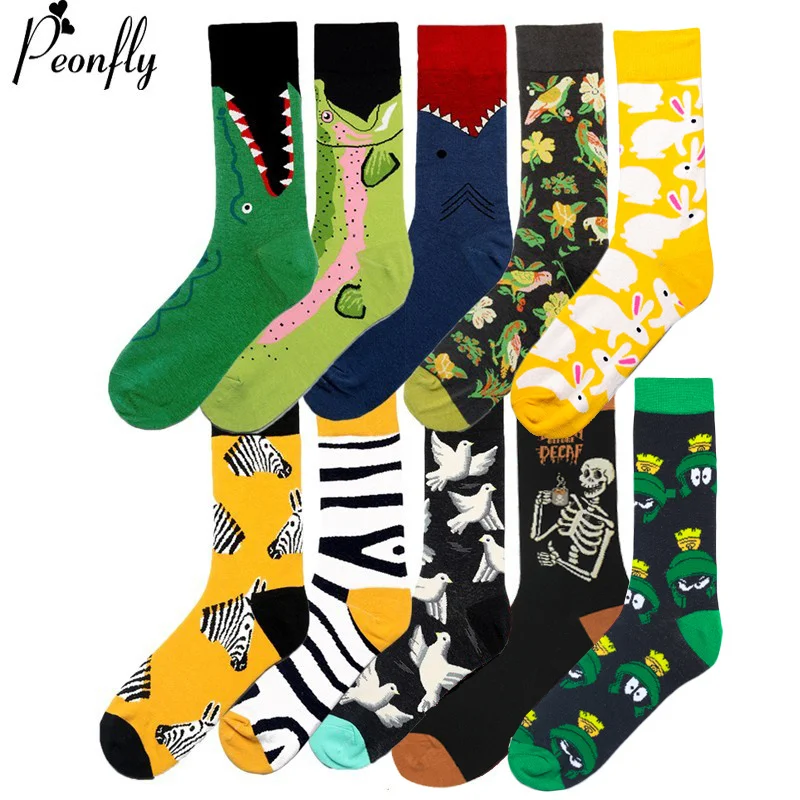 

Peonfly Fashion Men Printing Cartoon Crocodile Shark Zebra Dog Sloth Koala Flower Bird Colorful Soft Comfort Cotton Socks