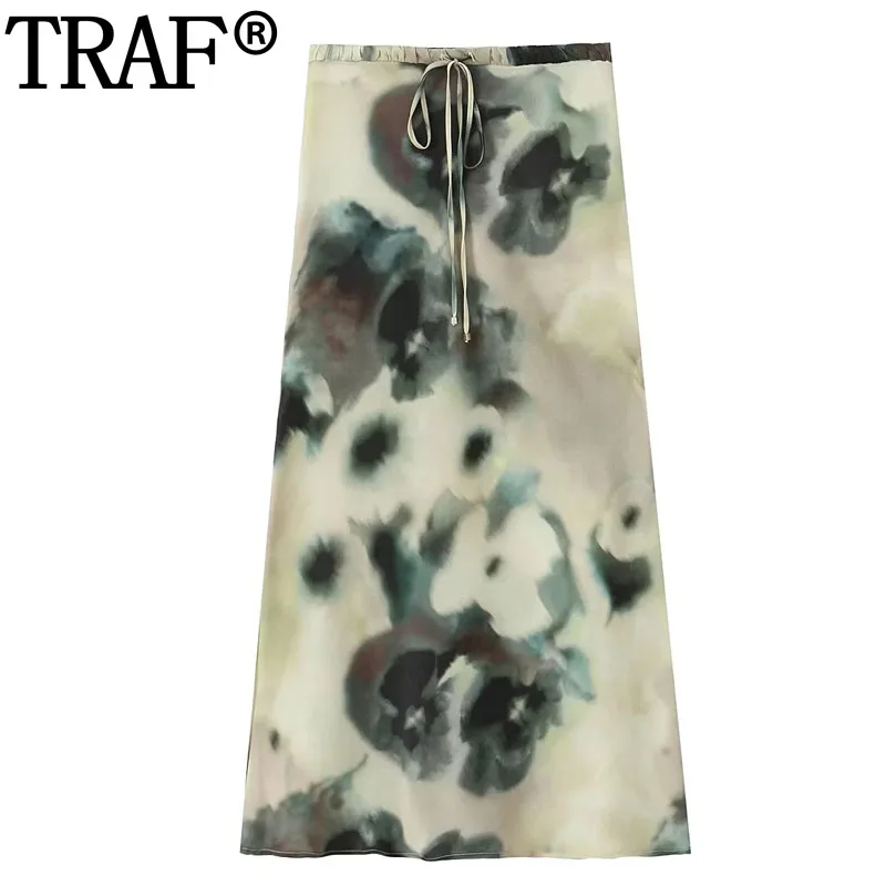 

TRAF Womens 2023 Tie Dye Satin Skirt High Waist Long Skirts For Woman Print Tied Midi Skirt Women Vintage Summer Women's Skirts