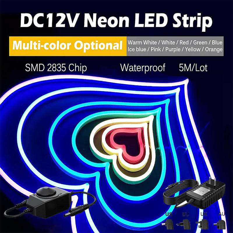 Неоновая Светодиодная лента дневного света футов 12 В с адаптером питания, силиконовый шнур, Водонепроницаемые гибкие светодиодные неоновые лампы для помещений и улицы Неоновая Светодиодная лента дневного света футов 12 В с адаптером питания, силиконовый шнур, Водонепроницаемые гибкие светодиодные неоновые лампы для помещений и улицы