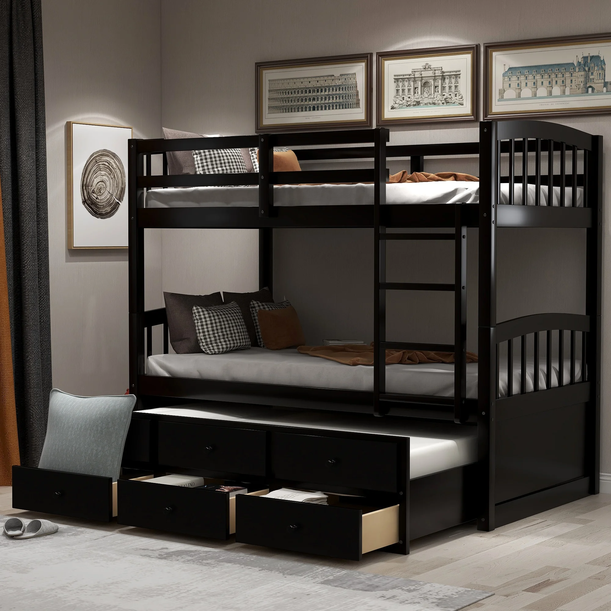 

Home Modern Minimalist Bedroom Furniture Beds Frames Bases Twin Bunk Bed Ladder Safety Rail Twin Trundle Bed 3 Drawers Espresso