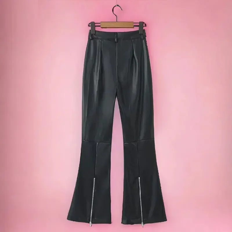 Женские кожаные брюки-клеш с высокой талией