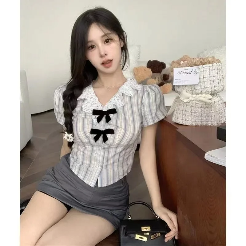 Модное мини-платье в полоску с бантом и короткими рукавами женское летнее