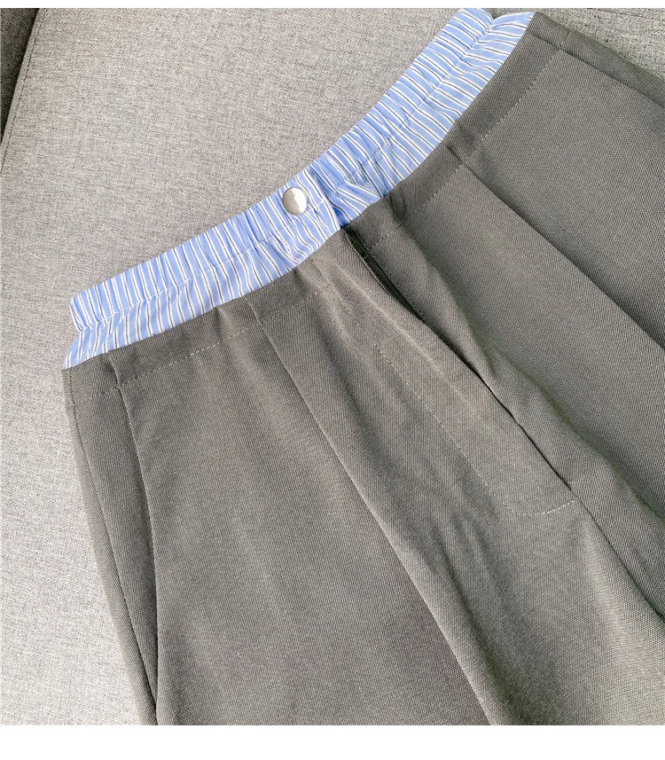 

New 2023 Women's Wide Leg Shorts Striped Splicing Fake Two Piece Summer Elastic Waist A Word