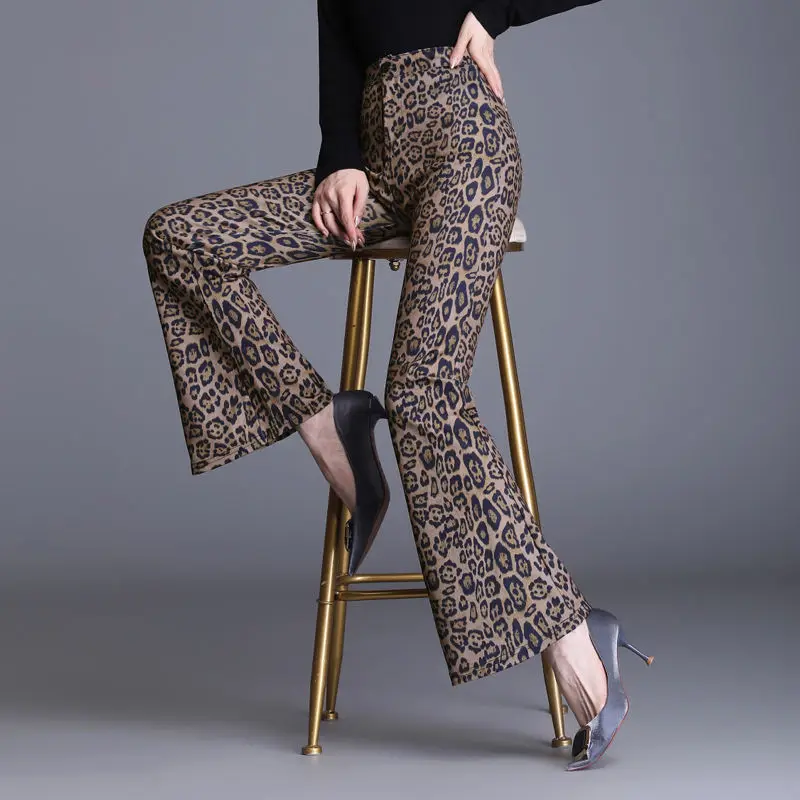 

Vintage Fashion Leopard Print Flare Pants High Waist Elastic Band Slim Elegant Women Spring Autumn Casual Wide Leg Trousers