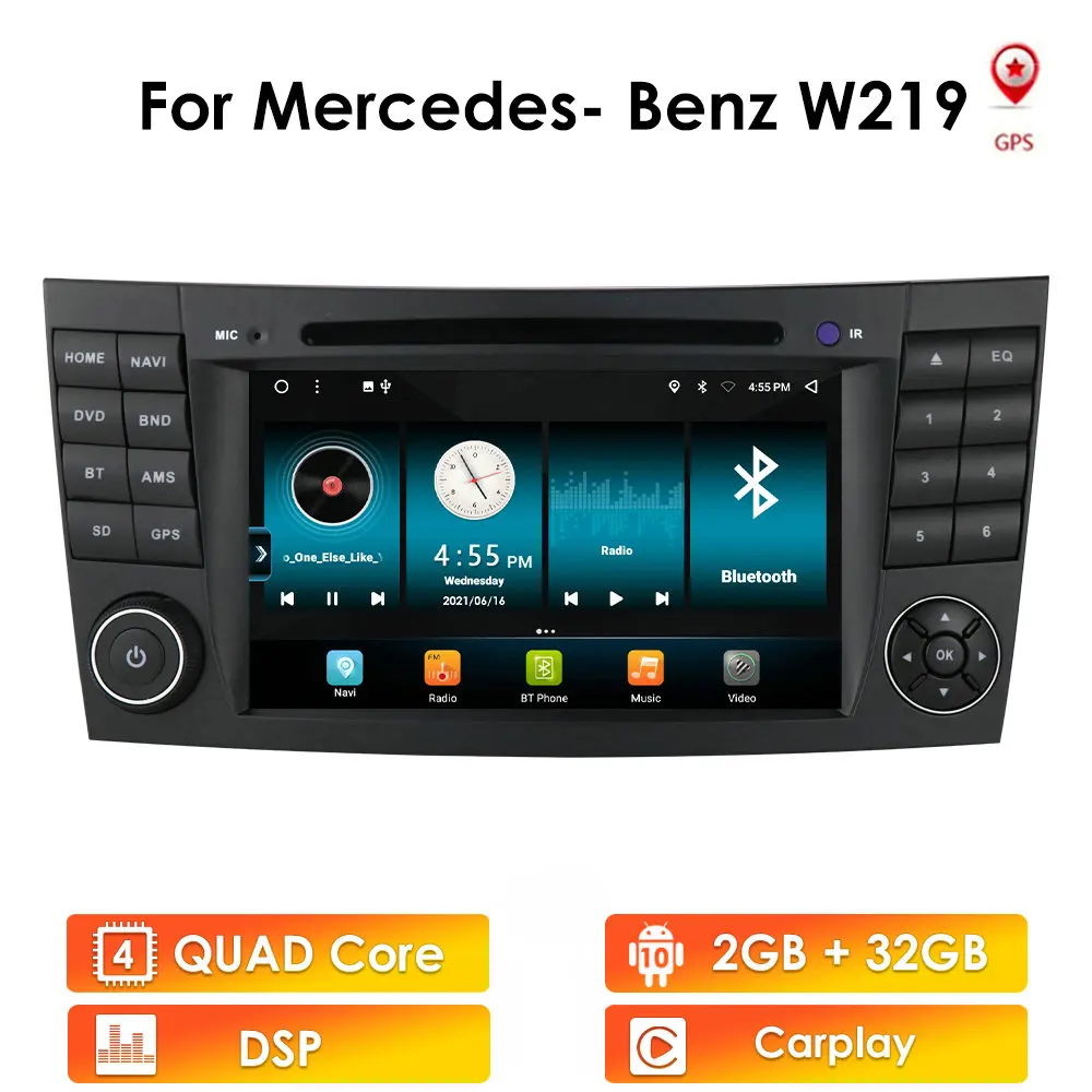 

Автомагнитола Carplay 2 ГБ + 32 ГБ, мультимедийный плеер на Android 10, с GPS, DVD, для Mercedes Benz E-Class W211, W219, W209, E300, E200, E220