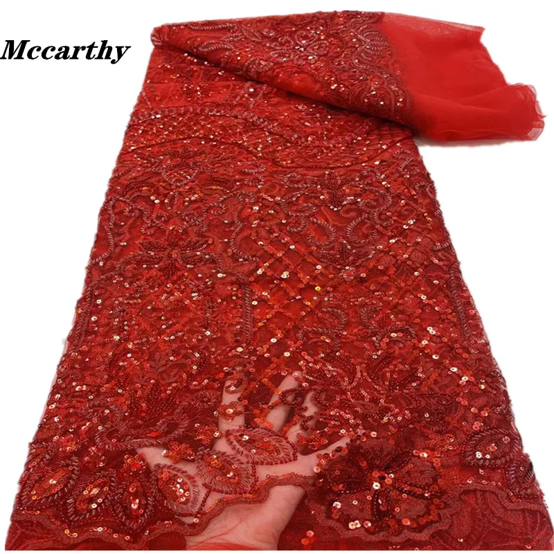 

Mccarthy Nigerian French Lace Fabric 2022 High Quality Sequin Embroidered Luxurious White Beaded Lace Fabric 5 Yards Wedding