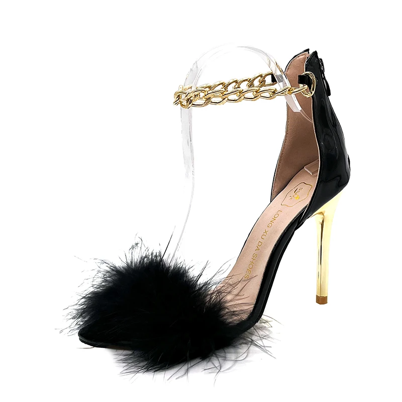 

2022 Summer Women's Stiletto Sandals Pointed Toe Heels Feather Metal Chain Decoration Sexy Ladies Party Nightclub Pumps Shoes