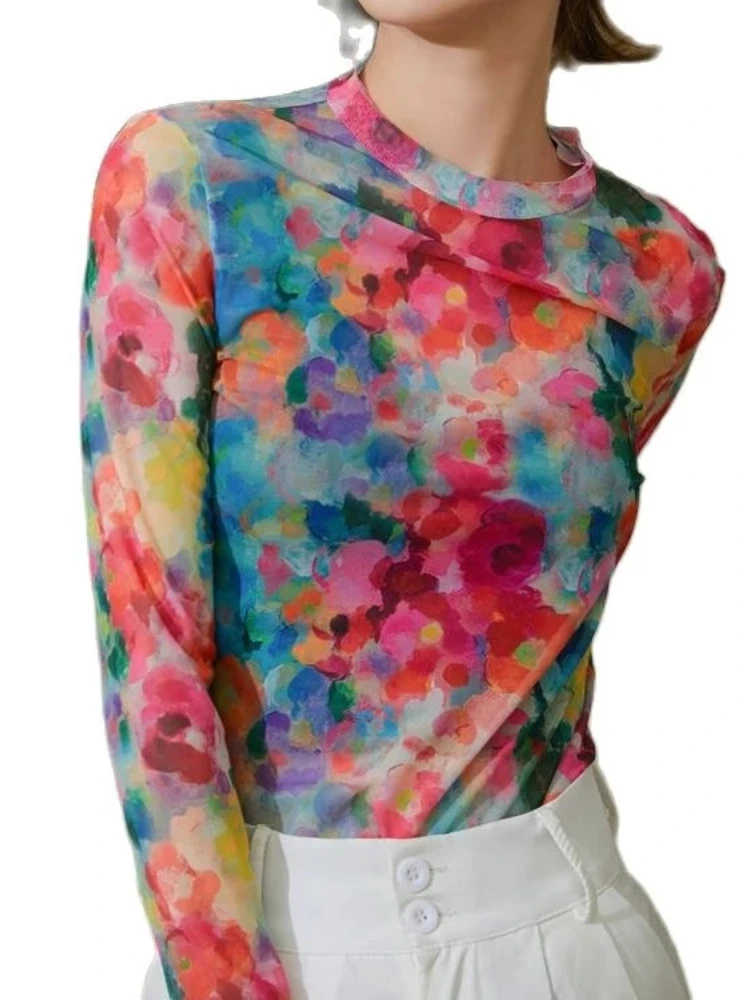 

Ice Silk Bottoming Shirt Women Clothing Summer T-Shirts Fashion Sexy O Neck Thin Floral Net Gauze Long-sleeved T-shirt Women