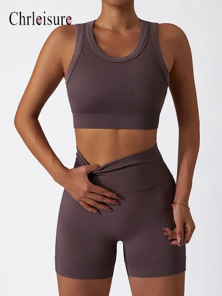 

CHRLEISURE 2 Piece Sports Sets Womens Outfits Gym Workout Shorts Suit Solid Bra Seamless High Waist Tight Leggings Set for Woman