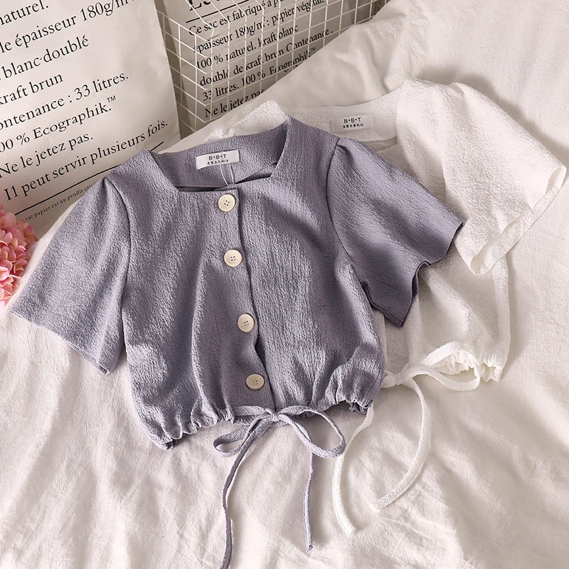 

Chiffon Elegant Shirts Women Summer Sweet Square Collar Fashion Crop Tops Female Drawstring Lace Up Modern Simple Button Blouse