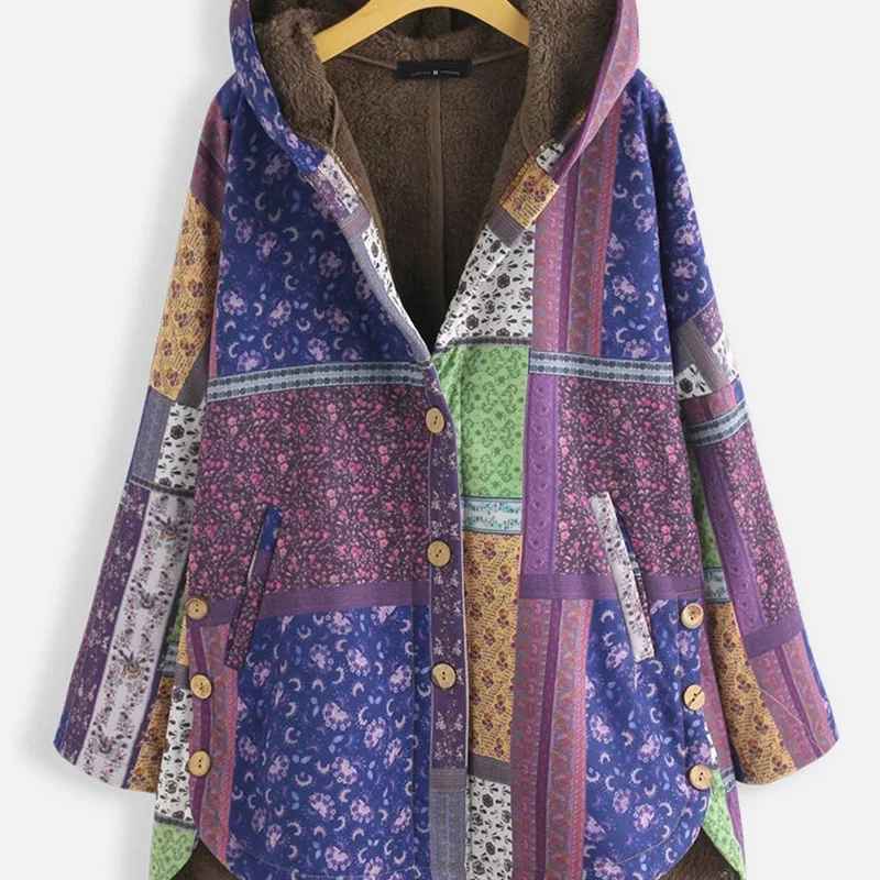 Spring new women's cotton coat printing hooded loose large size plus velvet thick cotton coat