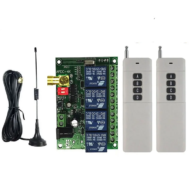 Беспроводной Радиочастотный переключатель с дистанционным управлением, 433 МГц, 12 В, 24 В постоянного тока, 4 канала, радиоприемник с дистанционным управлением на дальние расстояния 3000 м, присоски, антенна