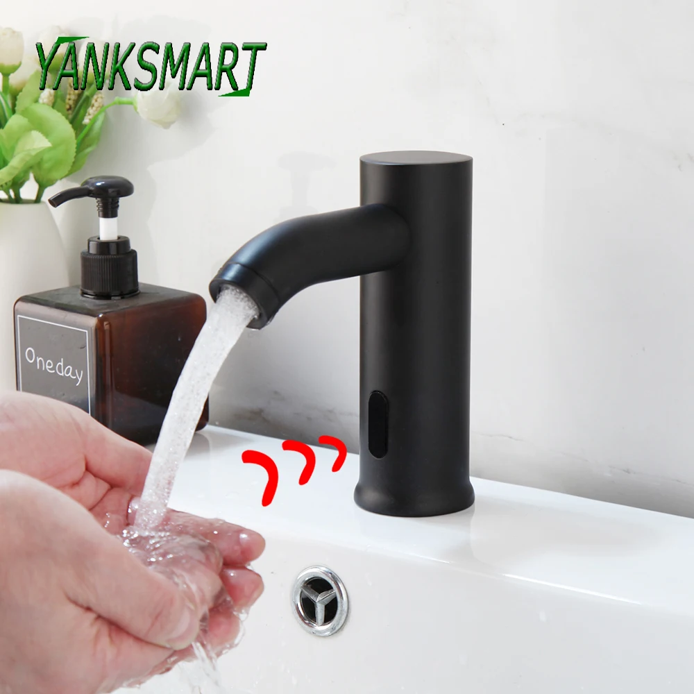 

YANKSMART Matte Black Bathroom Faucet Automatic Hand Touchless Sensor Basin Sink Deck Mounted Faucet Brass Mixer Water Tap