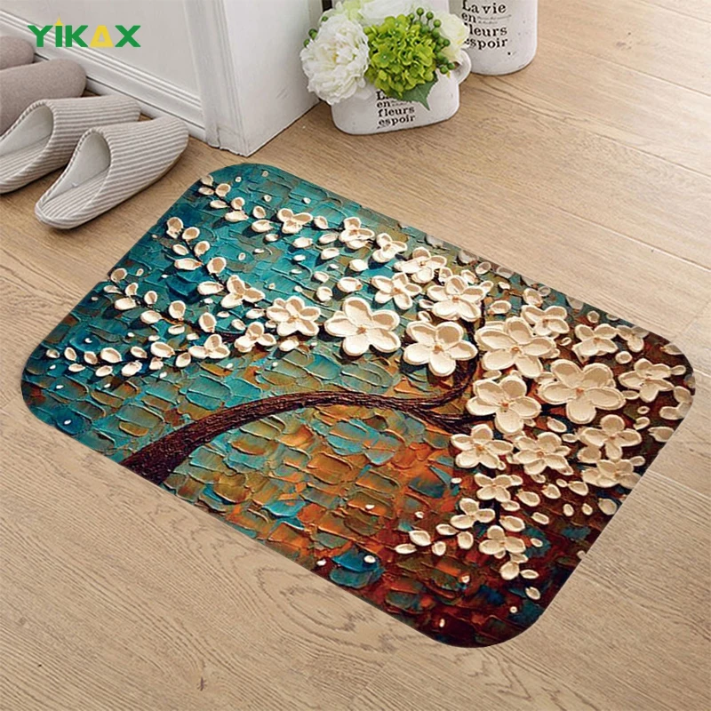 

Tree Oil Painting Pattern Entrance Doormat Bath Mat Area Rug Carpet Floor Non-Slip Kitchen Living Room Flannel Modern Home Decor