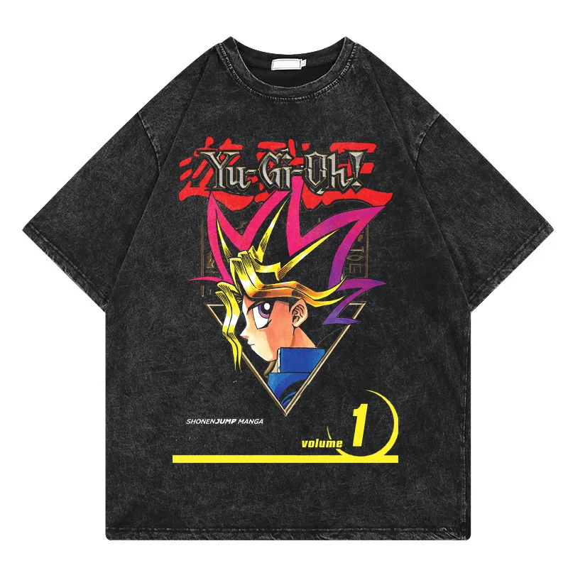 

Мужская Винтажная футболка с эффектом потертости Топы Yu Gi Oh оверсайз с японским аниме летняя черная Повседневная футболка с коротким рукав...