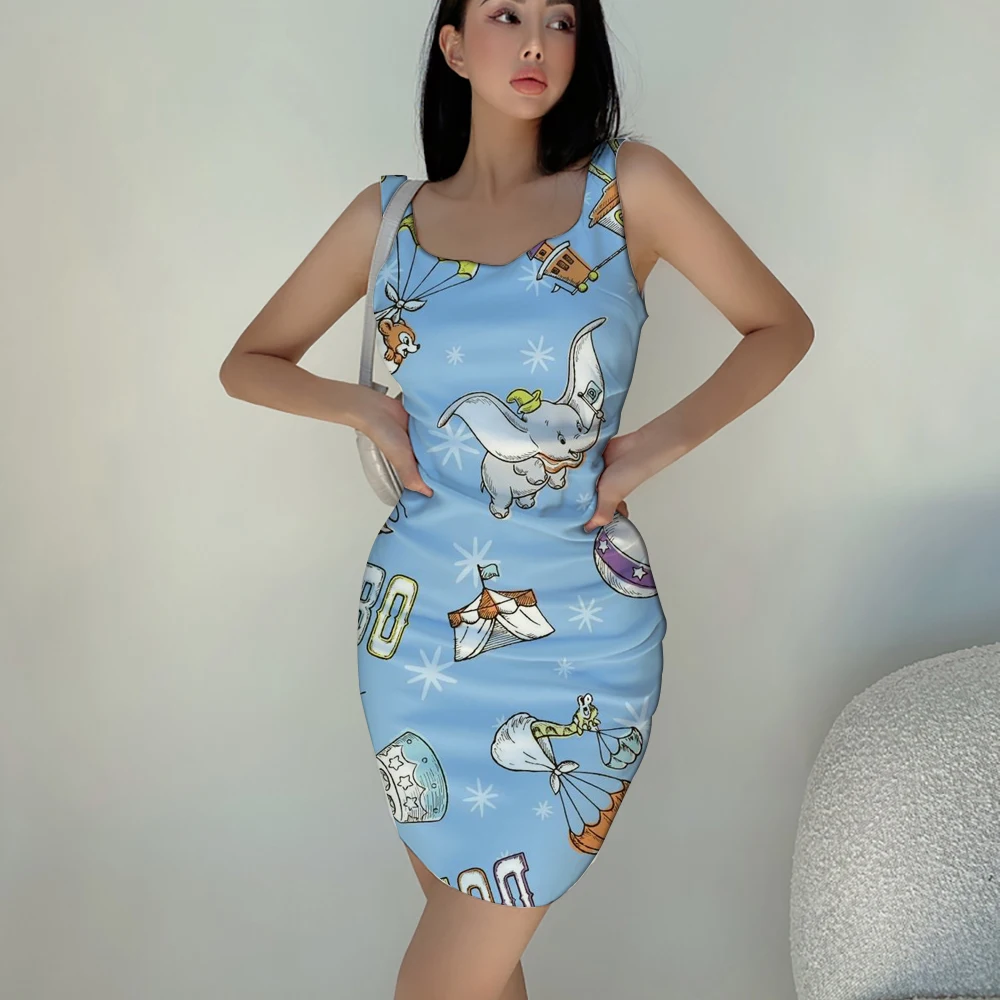 

Women's Dress Summer Sexy Female Deep V Neck Ruffle Sleeveless Slim Fit Pleated Floral Disney Dumbo Mini Dress Women's Streetwea