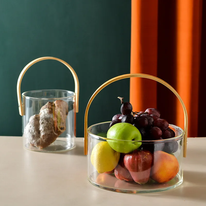 

High Borosilicate Glass Light Luxury Fruit Basket Living Room Portable Bamboo Handle Dried Fruit Basket Amber Glass Fruit Plate