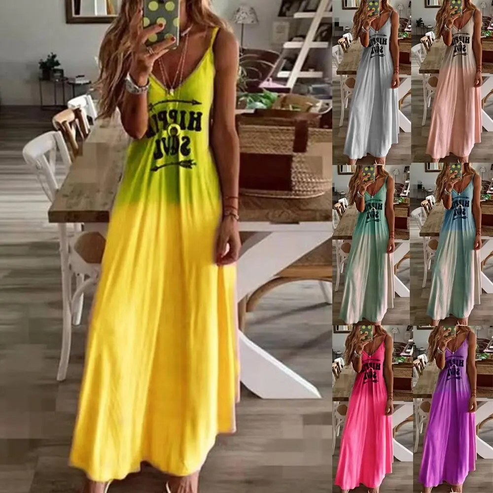 

Letter Print Dress Sexy Spaghetti Strap V Neck Long Dress Women Summer Big Swing Beach Dresses Party Tunic S-5XL