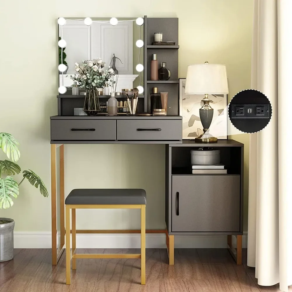 Туалетный столик для макияжа с зеркалом подсветкой и зарядной станцией черный