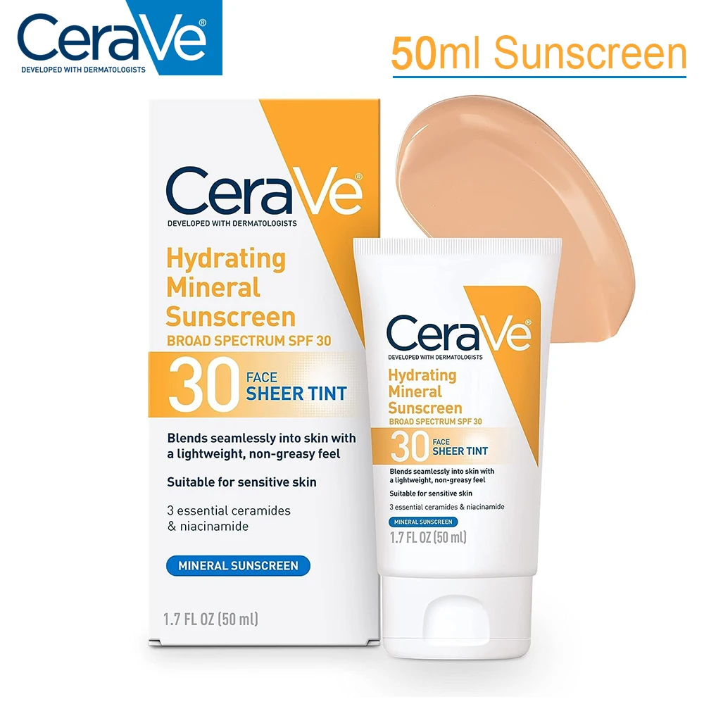 

50ml CeraVe Hydrating Mineral SPF30+ Sunscreen Refreshing Oil-Control Moisturizing Isolation Anti UV Facial Sun Protection
