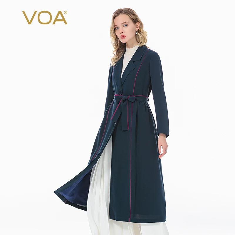 

VOA 41 Momme плотный Шелковый темно-синий костюм ветровка с воротником длинный рукав однобортный Тренч с поясом осень FE8