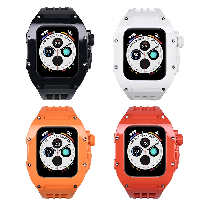 Luxury Modification Kit Case Band for Apple 8 7 6 5 SE PC Case for Iwatch Series 45MM 44MM Men Rugged Fluororubber Sport Band