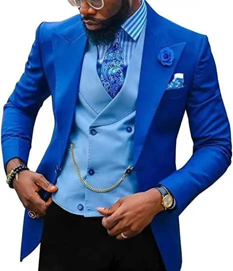 

Blue Costume Homme Men 3 Pieces Suits Formal Slim Fit Peaked Lapel Tuxedos Wedding Groom Prom Terno Masculino (Blazer+Vest+Pant)
