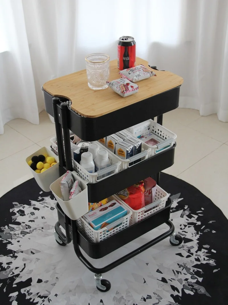 

Nordic Kitchen Three-story Trolley Rack with Cover Plate Floor Household Storage Storage Rack Sundries Storage Basket