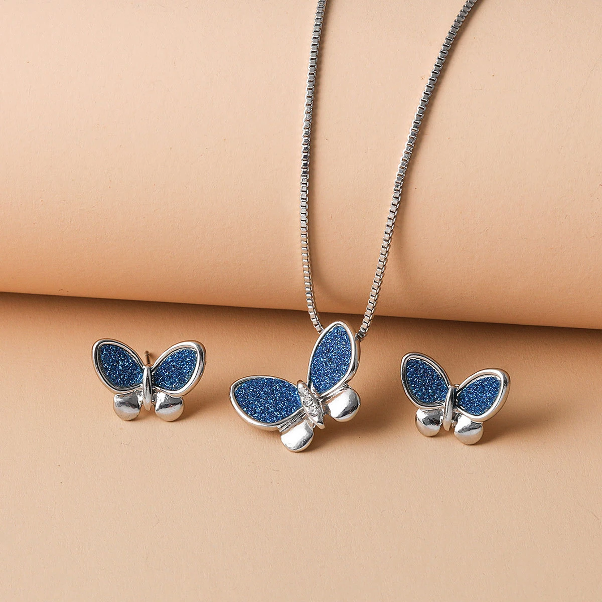 Изысканное модное синее ожерелье-бабочка и серьги с подвеской в виде цветка