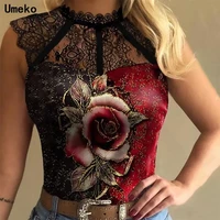 2021 women sexy lace t shirt sleeveless crew neck see through tops summer fashion rose flower tops shirts tops t shirts