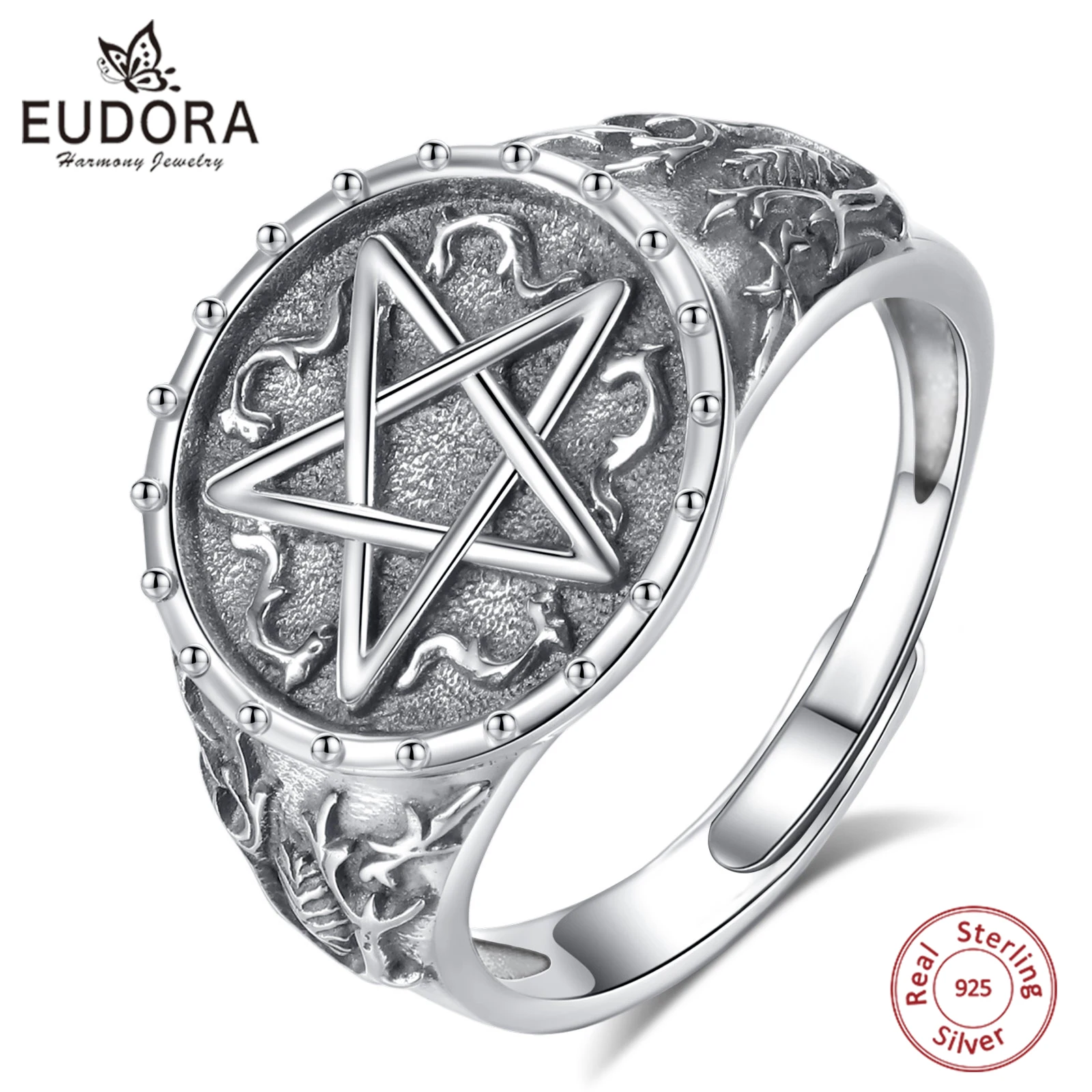 

Eudora 925 Sterling Silver Pentagram Adjustable Ring for Men Vintage Amulet Guardian Star Tetragrammaton Ring Witch Jewelry Gift