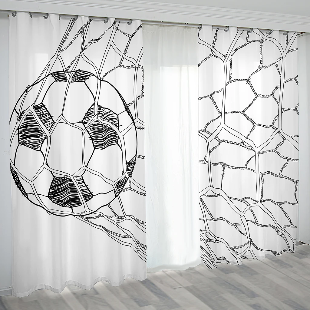 

3D Childern Boy White Football Soccer Kids 2 Pieces Thin Drapes Darkening Window Curtain for Living Room Bedroom Home Decor Hook