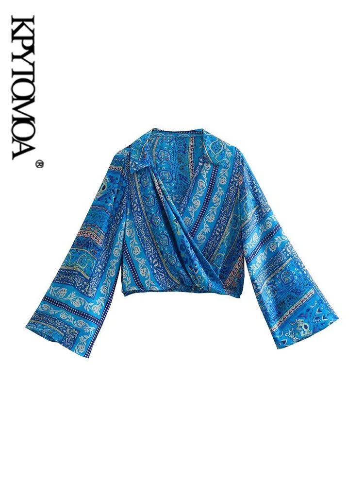 

KPYTOMOA Женская мода шарф принт плиссированные укороченные блузки винтажные с длинным рукавом Эластичный подол Женские рубашки Блузы шикарны...