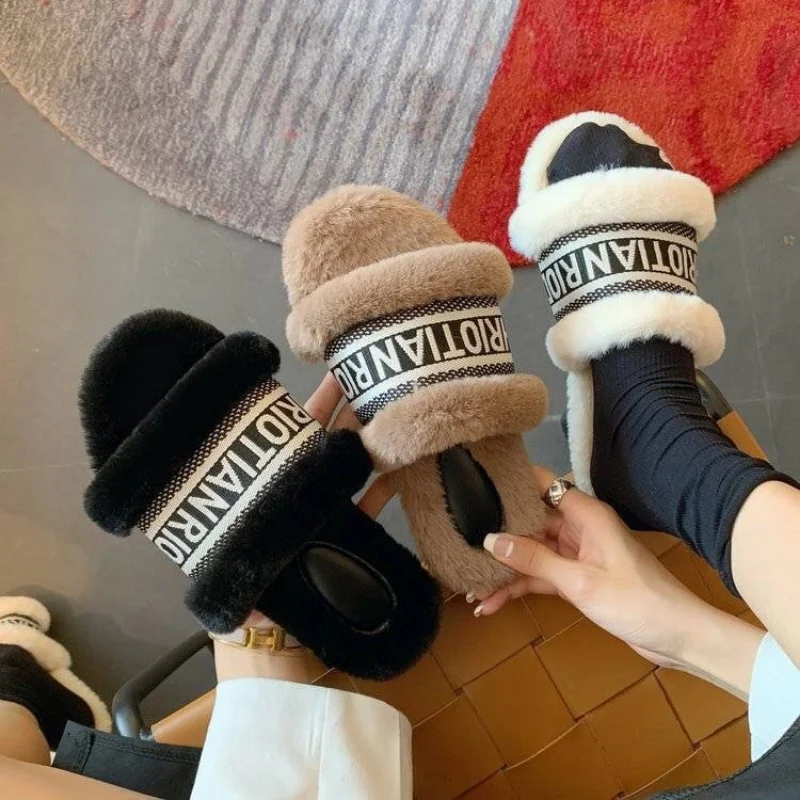 Удобные Плюшевые тапочки для женщин открытый носок плоская подошва пушистые