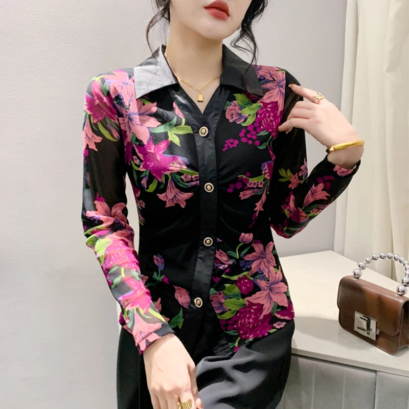 #7364 сетчатая рубашка с цветочным принтом Женская облегающая короткая отложным