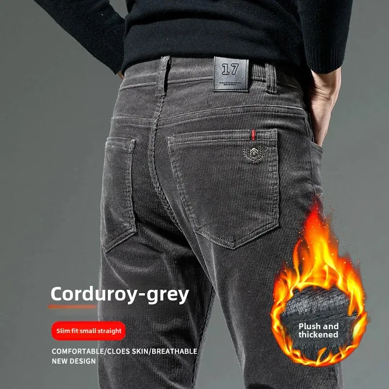 New Arrival Fall Winter Men's Corduroy Straight-Leg Casual Pants Korean Style Slim Fit Fleece-Lined Warm Mens Trousers