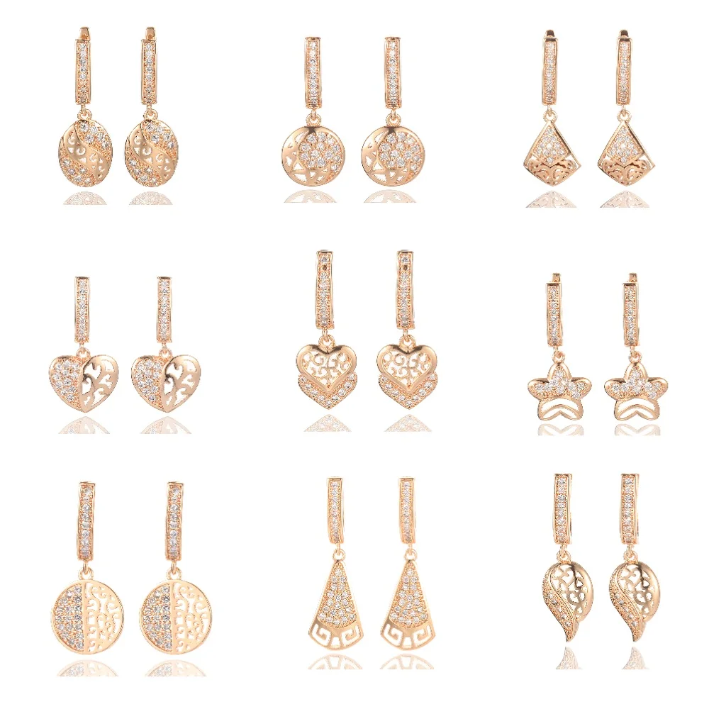 

585 Rose Gold Color Earrings for Women Girls Heart Love Cut Out Geometric Clear Cubic Zircon Star Dangle Drop Earrings Jewelry