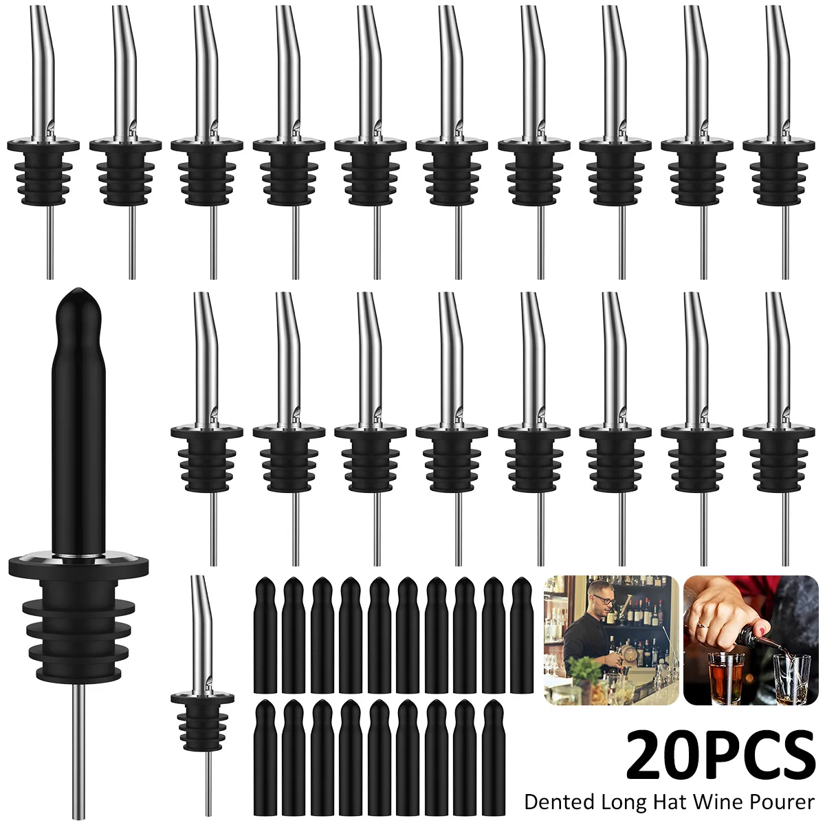 

L 20Pcs Liquor Bottle Pourers Stainless Steel Spirit Pourer with Long Dust Caps Covers and Air Vent Tube Tapered Spirits Pourer