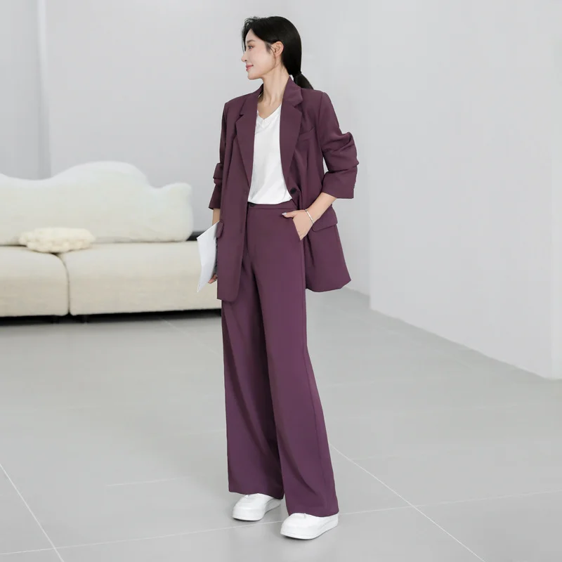 2023 Spring Purple Blazers Wide-leg Pants Suits Clothing Suit for Women Korean Style Casual Loose Two Piece Set Office Lady Wear