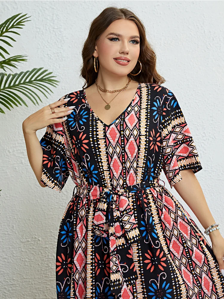 Summer V-neck printed bandage waist dress plus size dresses  vestido feminino vestito plus size outfits